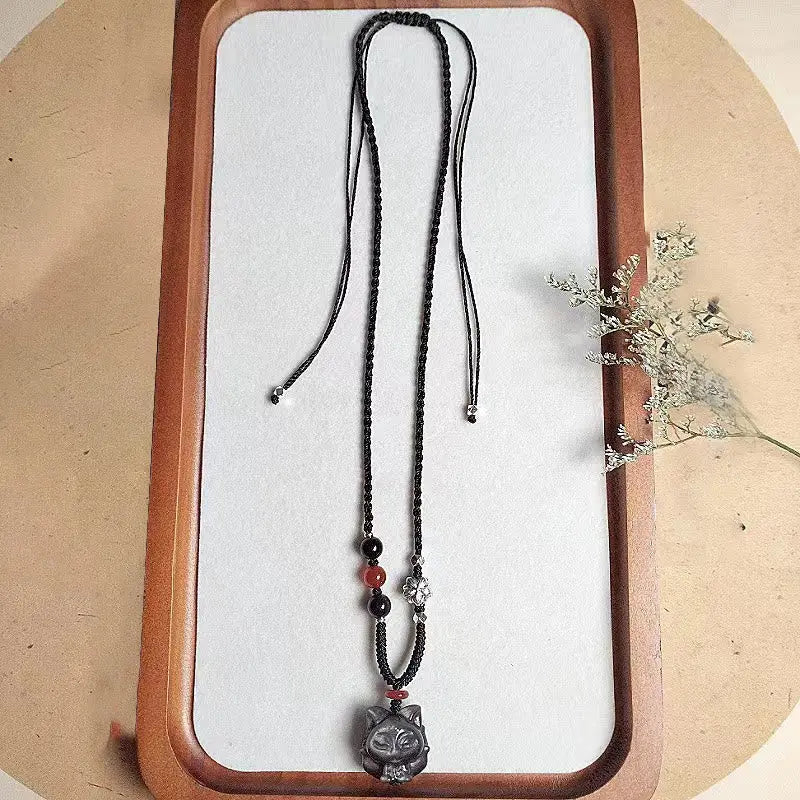 Buddha Stones Natural Silver Sheen Obsidian Nine Tailed Fox Protection Necklace Pendant BS