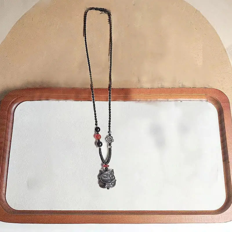 Buddha Stones Natural Silver Sheen Obsidian Nine Tailed Fox Protection Necklace Pendant BS