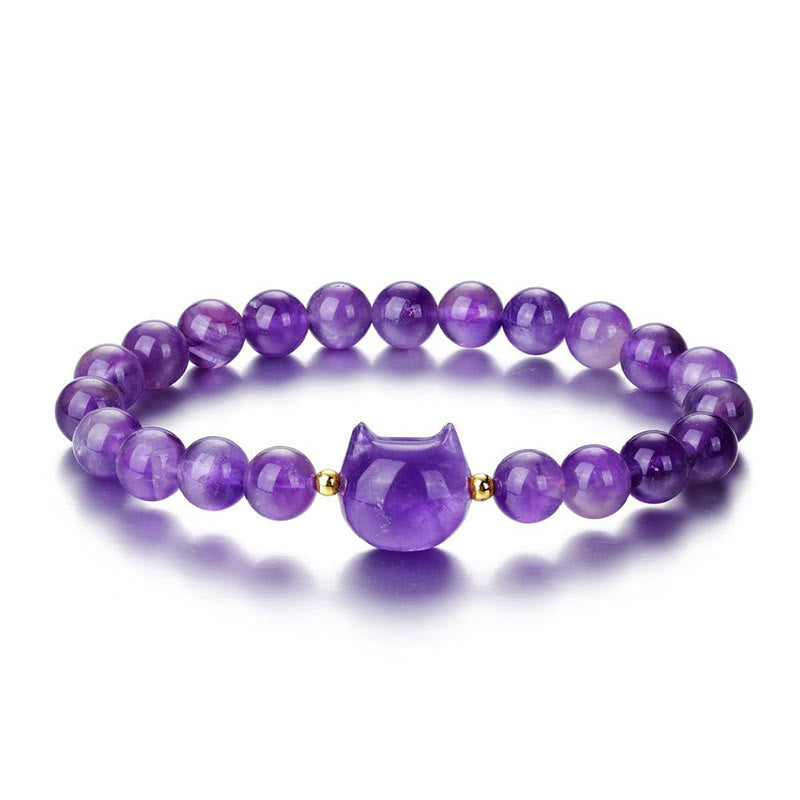 Buddha Stones Amethyst Green Aventurine Rose Quartz Fluorite Cat Head Balance Luck Bracelet BS