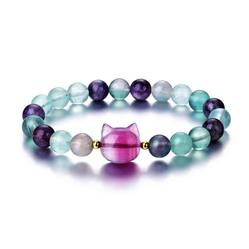 Buddha Stones Amethyst Green Aventurine Rose Quartz Fluorite Cat Head Balance Luck Bracelet BS