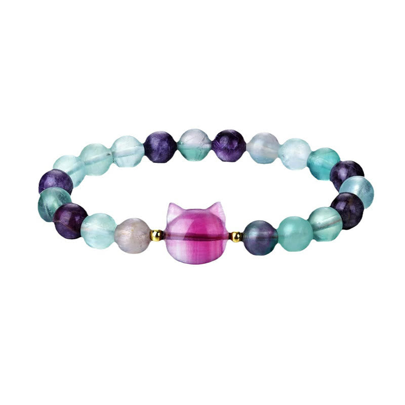 Buddha Stones Amethyst Green Aventurine Rose Quartz Fluorite Cat Head Balance Luck Bracelet BS