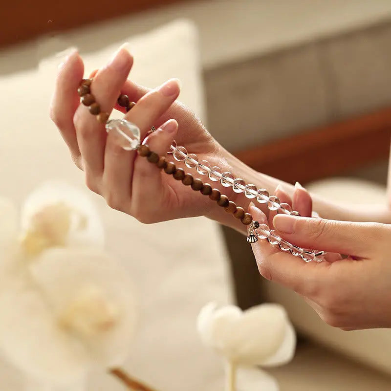 Buddha Stones Multi-layer White Crystal Agarwood Lotus Healing Calm Bracelet BS