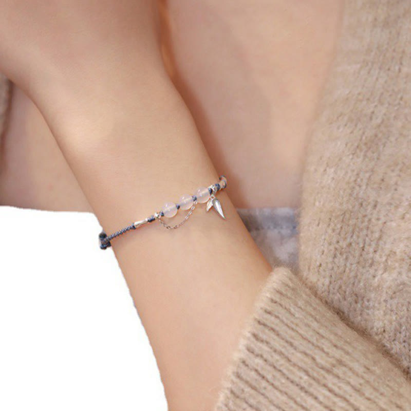 Buddha Stones 925 Sterling Silver Bamboo Leaves Hetian Jade Chalcedony Beads Blessing Braided Bracelet BS