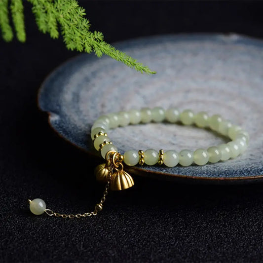 Buddha Stones Natural Hetian Jade Lotus Luck Bracelet BS