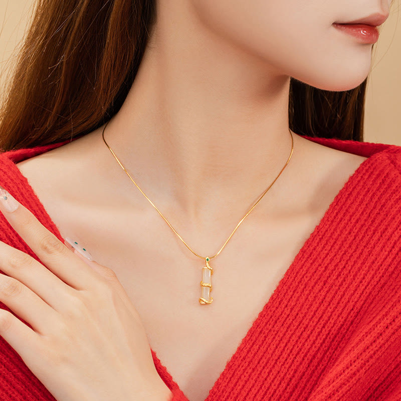 Buddha Stones Hetian Jade 925 Sterling Silver Year of the Snake Bamboo Growth Necklace Pendant BS