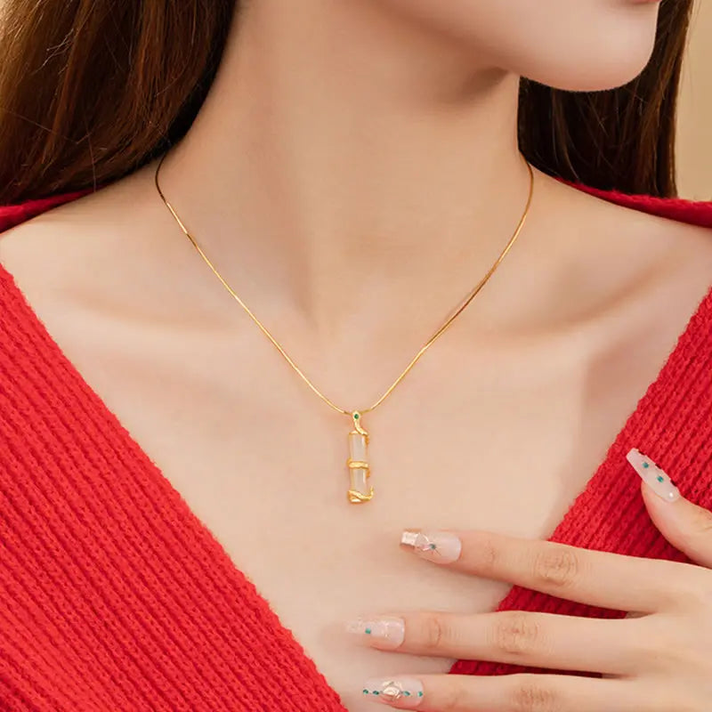 Buddha Stones Hetian Jade 925 Sterling Silver Year of the Snake Bamboo Growth Necklace Pendant BS
