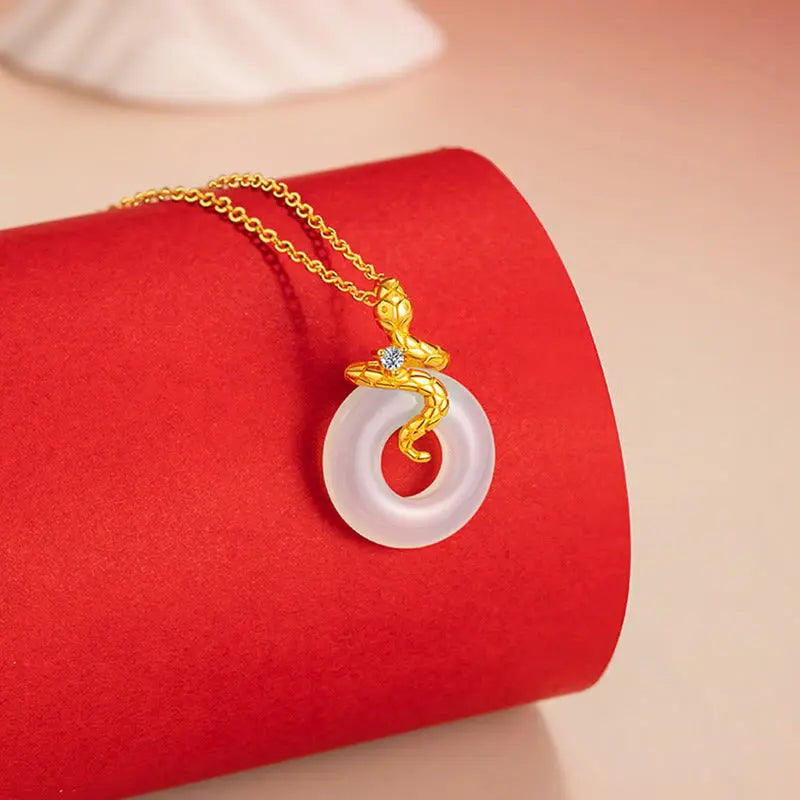 Buddha Stones Chalcedony 925 Sterling Silver Year of the Snake Peace Buckle Positive Necklace Pendant BS