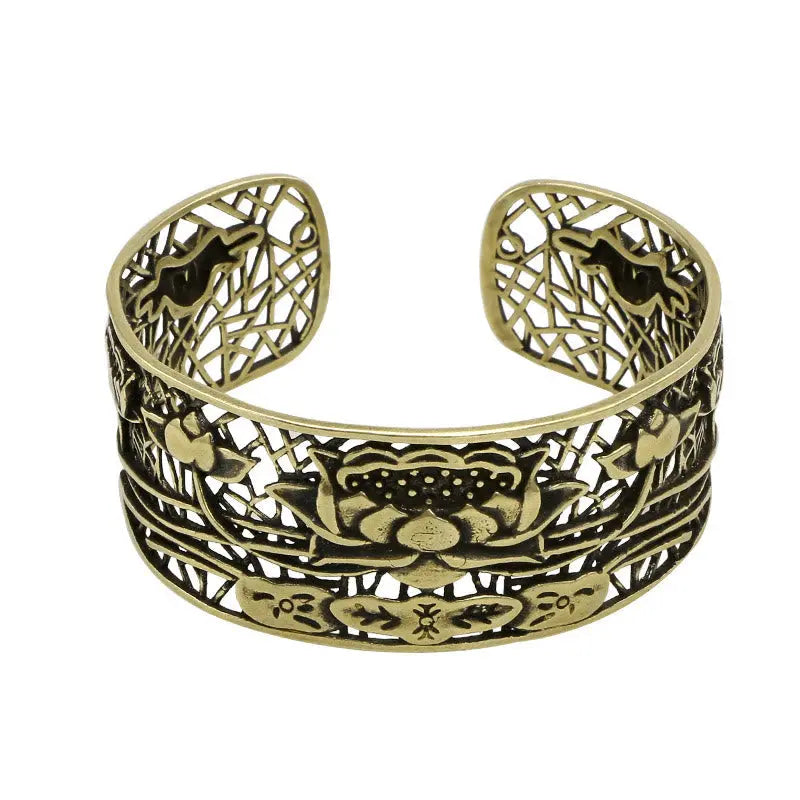 Buddha Stones Hollow Lotus Silver Plated Copper Healing Enlightenment Bracelet Bangle BS