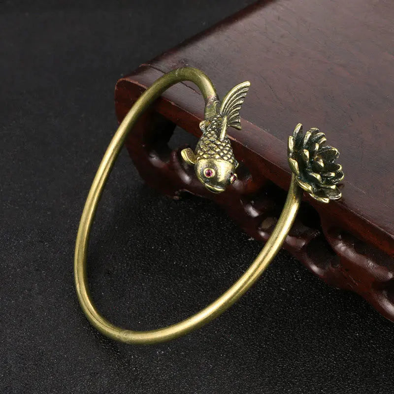 Buddha Stones Lotus Flower Koi Fish Copper Enlightenment Luck Bracelet Bangle BS