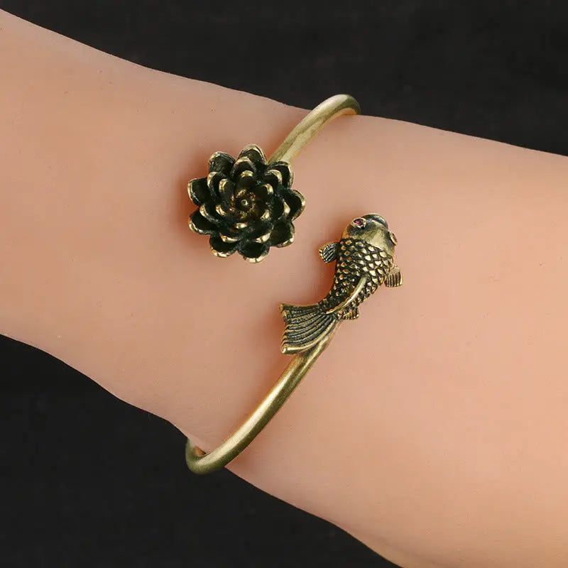 Buddha Stones Lotus Flower Koi Fish Copper Enlightenment Luck Bracelet Bangle BS