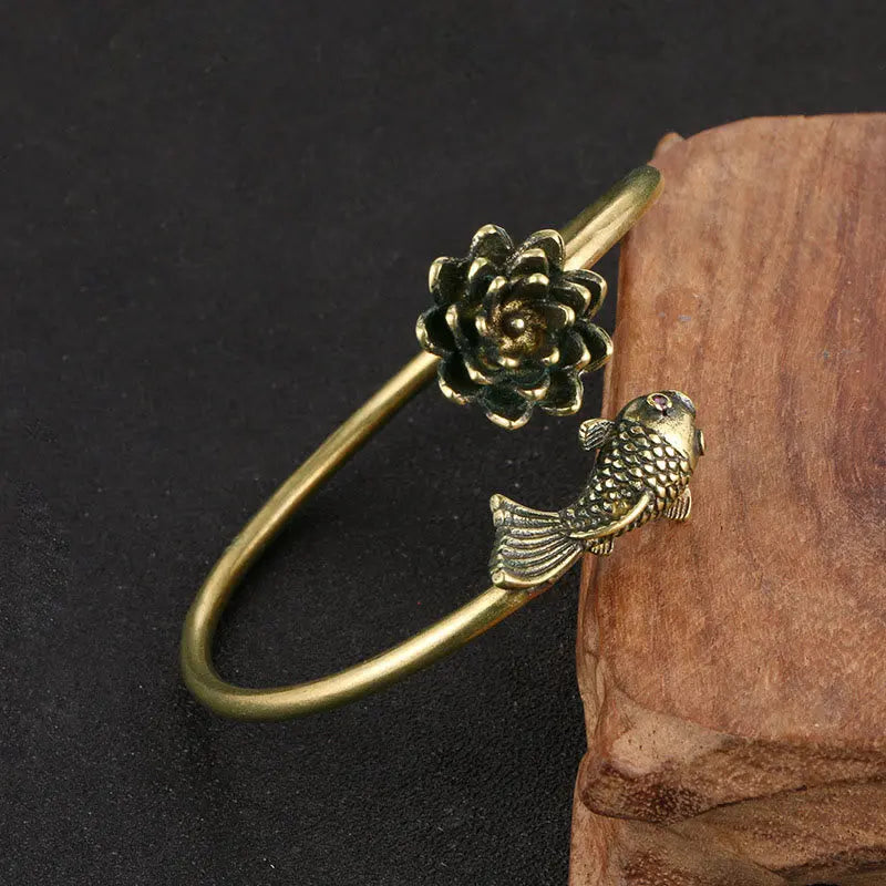 Buddha Stones Lotus Flower Koi Fish Copper Enlightenment Luck Bracelet Bangle BS