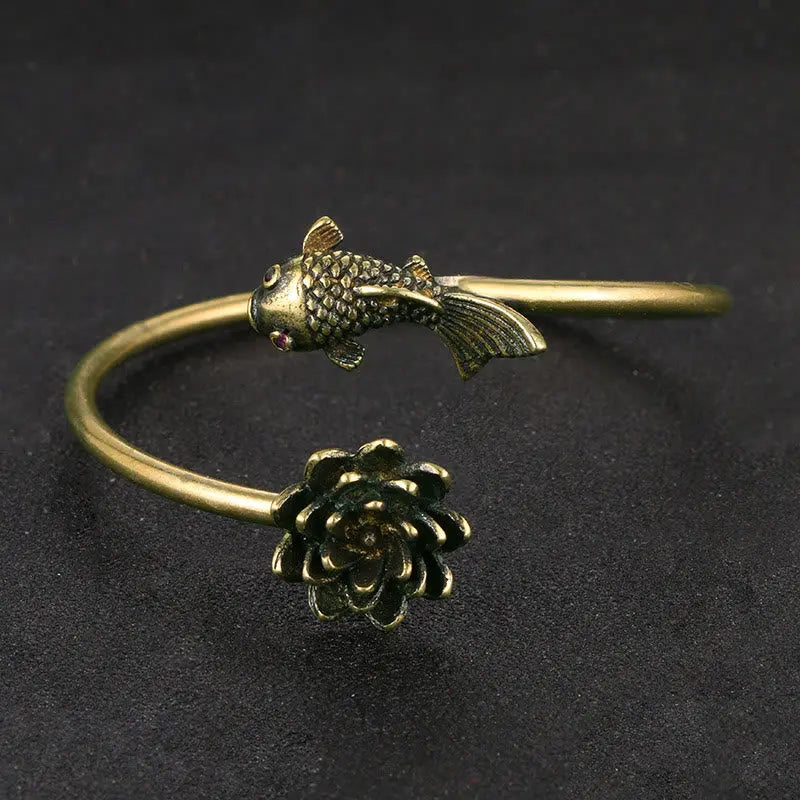 Buddha Stones Lotus Flower Koi Fish Copper Enlightenment Luck Bracelet Bangle BS