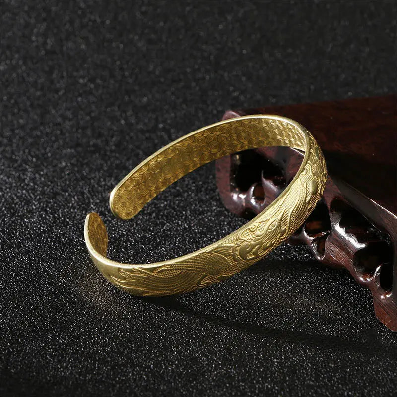 Buddha Stones Dragon And Phoenix Playing With A Pearl Carved Copper Luck Protection Bracelet Bangle BS