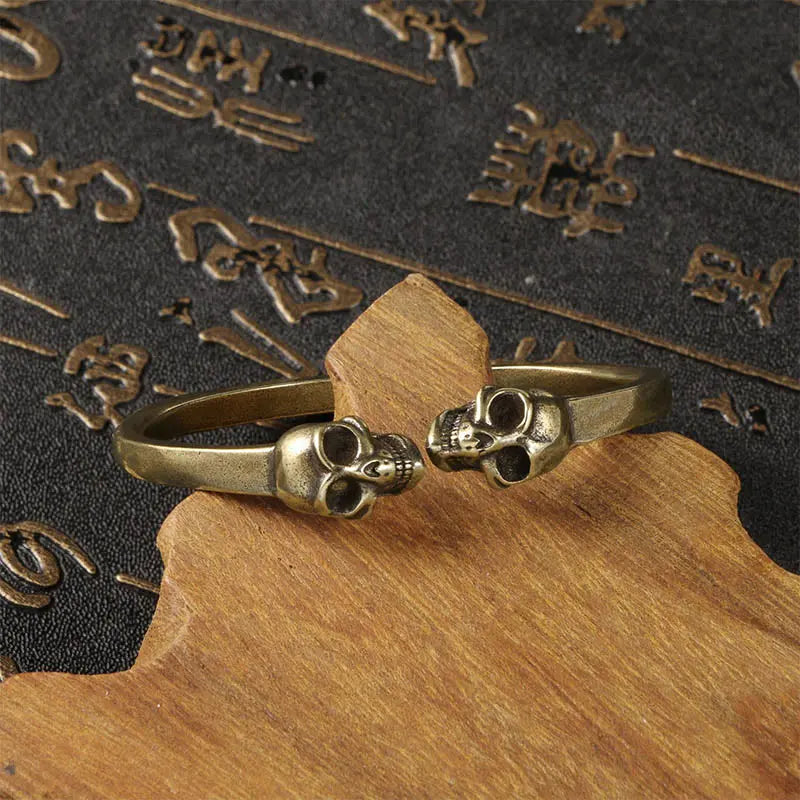 Buddha Stones The Lord Of The Corpse Forest Copper Double Skull Keep Away Evil Spirits Cuff Bracelet Bangle BS