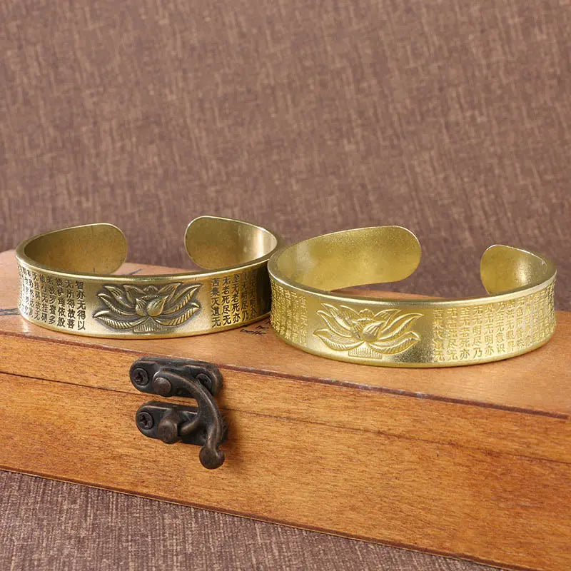 Buddha Stones Heart Sutra Lotus Flower Copper Peace Cuff Bracelet Bangle BS
