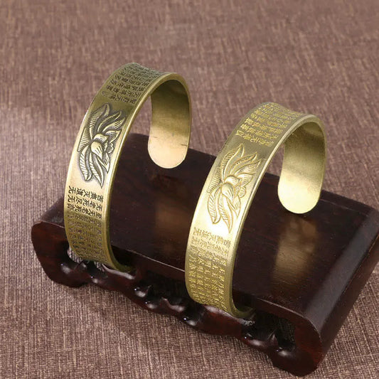 Buddha Stones Heart Sutra Lotus Flower Copper Peace Cuff Bracelet Bangle BS