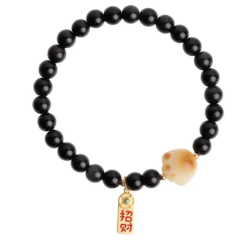 Buddha Stones Black Obsidian Cat Paw Bodhi Seed Lucky Fortune Charm Purification Bracelet BS