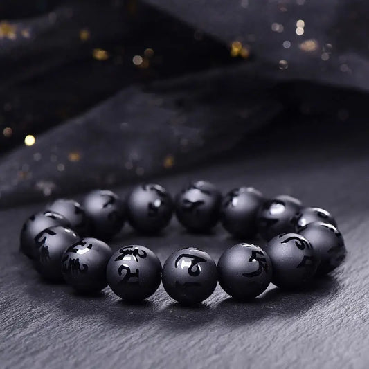 Buddha Stones Natural Black Onyx Om Mani Padme Hum Carved Protection Bracelet BS