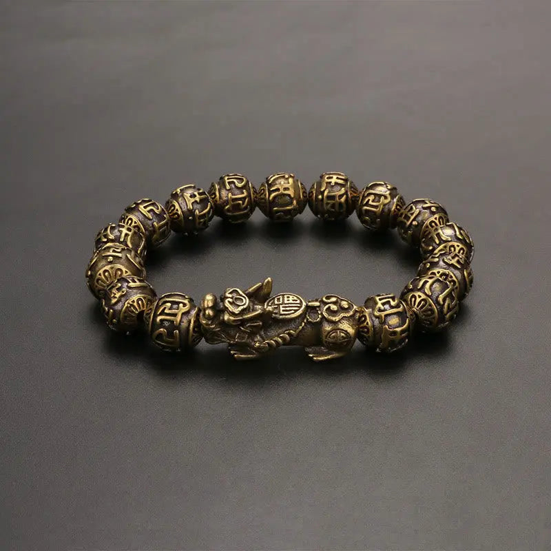 Buddha Stones Pi Xiu Carrying Fu Character Six True Words 'om Mani Padme Hum' Copper Beads Wealth Bracelet Bangle BS