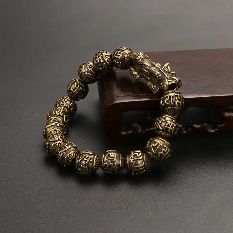 Buddha Stones Pi Xiu Carrying Fu Character Six True Words 'om Mani Padme Hum' Copper Beads Wealth Bracelet Bangle BS