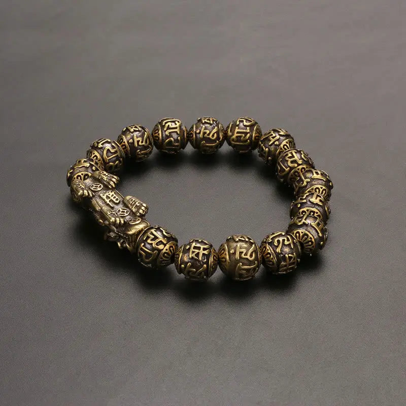 Buddha Stones Pi Xiu Carrying Fu Character Six True Words 'om Mani Padme Hum' Copper Beads Wealth Bracelet Bangle BS