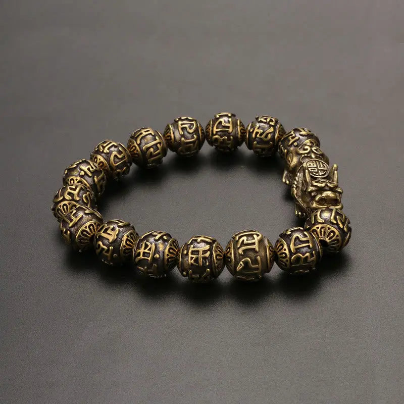 Buddha Stones Pi Xiu Carrying Fu Character Six True Words 'om Mani Padme Hum' Copper Beads Wealth Bracelet Bangle BS