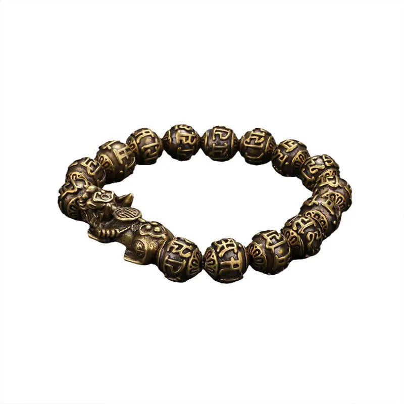 Buddha Stones Pi Xiu Carrying Fu Character Six True Words 'om Mani Padme Hum' Copper Beads Wealth Bracelet Bangle BS