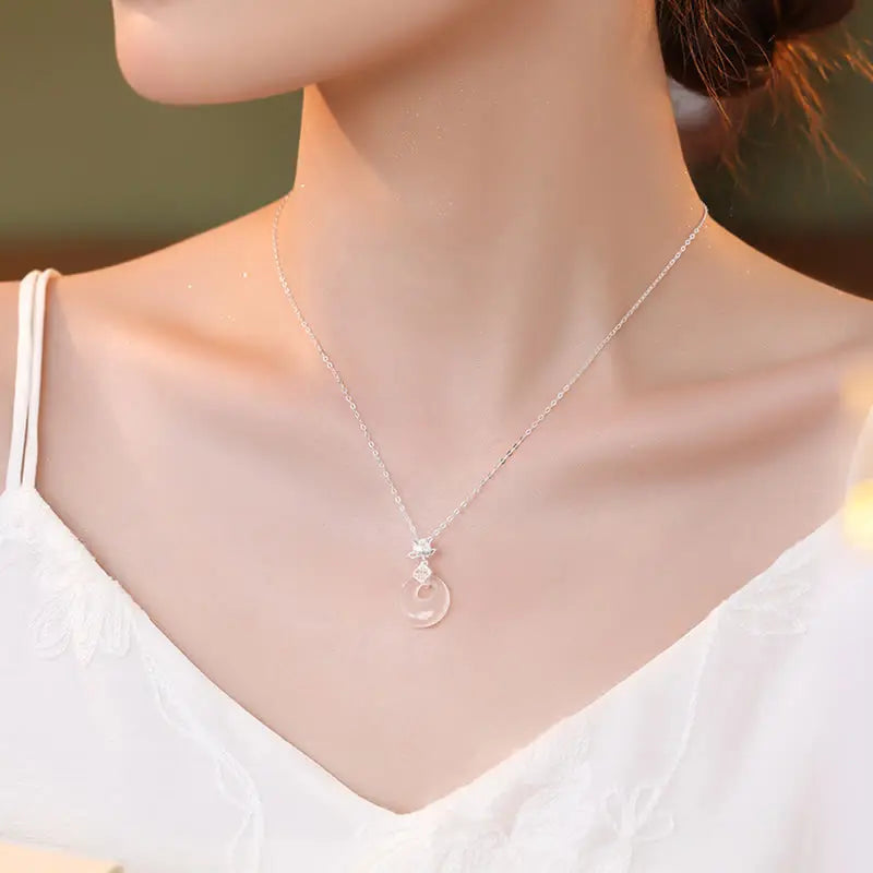 Buddha Stones Chalcedony 925 Sterling Silver Lotus Flower Fu Character Peace Buckle Positive Necklace Pendant BS