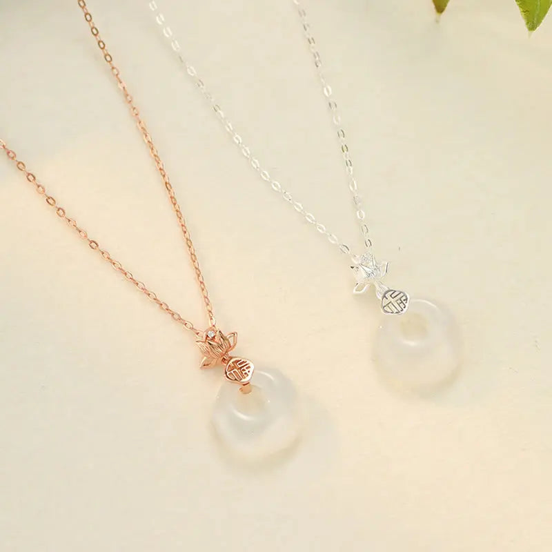 Buddha Stones Chalcedony 925 Sterling Silver Lotus Flower Fu Character Peace Buckle Positive Necklace Pendant BS