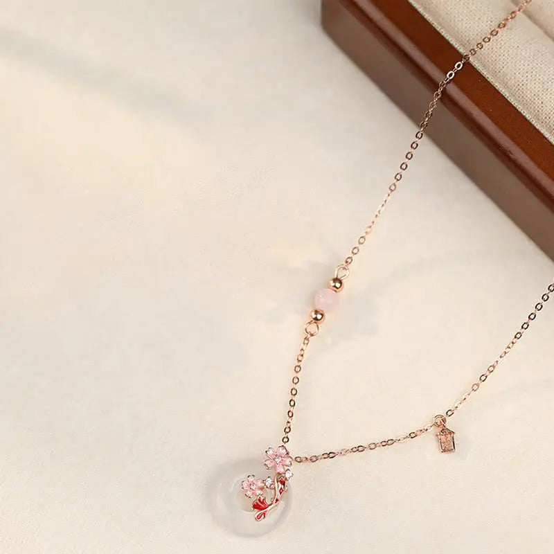 Buddha Stones Chalcedony Pink Crystal 925 Sterling Silver Flowers Koi Fish Peace Buckle Positive Necklace Pendant BS