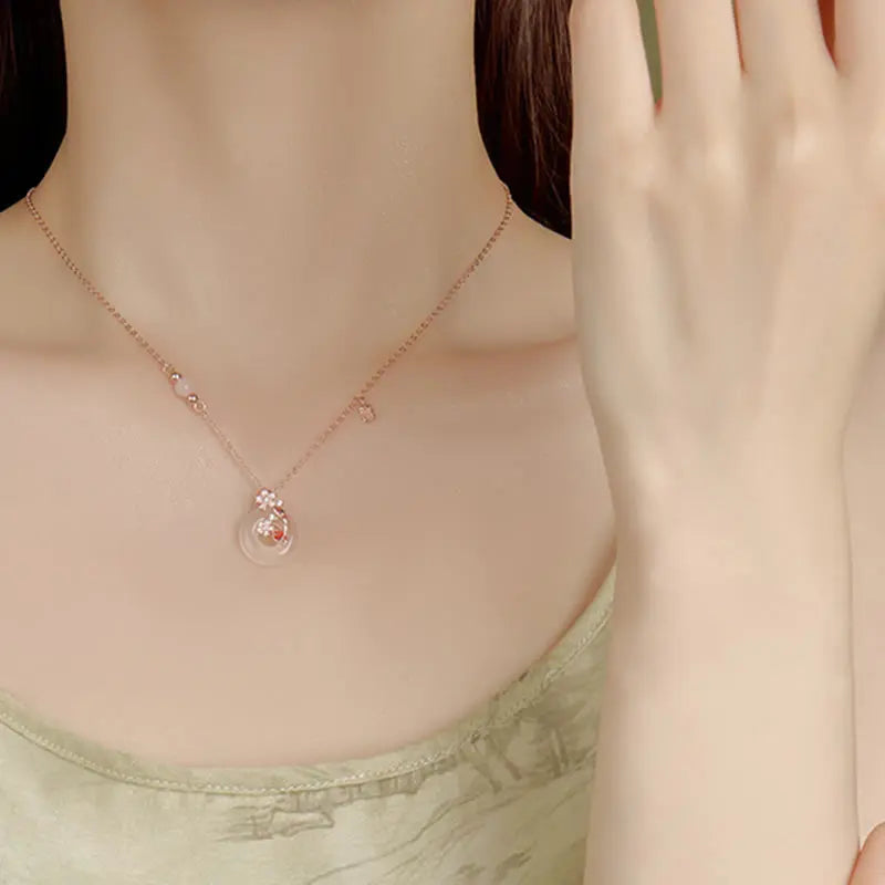 Buddha Stones Chalcedony Pink Crystal 925 Sterling Silver Flowers Koi Fish Peace Buckle Positive Necklace Pendant BS