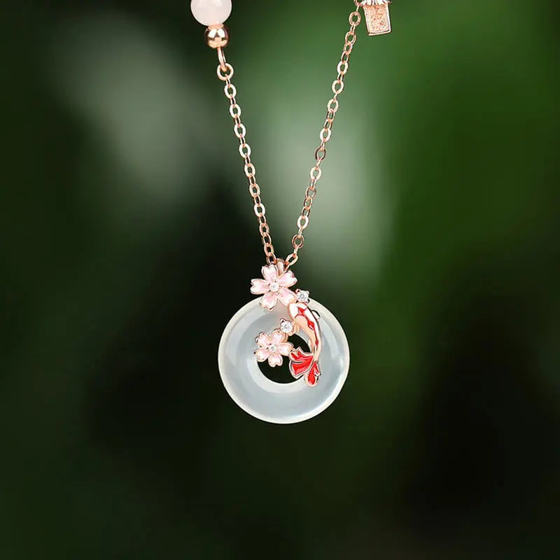 Buddha Stones Chalcedony Pink Crystal 925 Sterling Silver Flowers Koi Fish Peace Buckle Positive Necklace Pendant BS