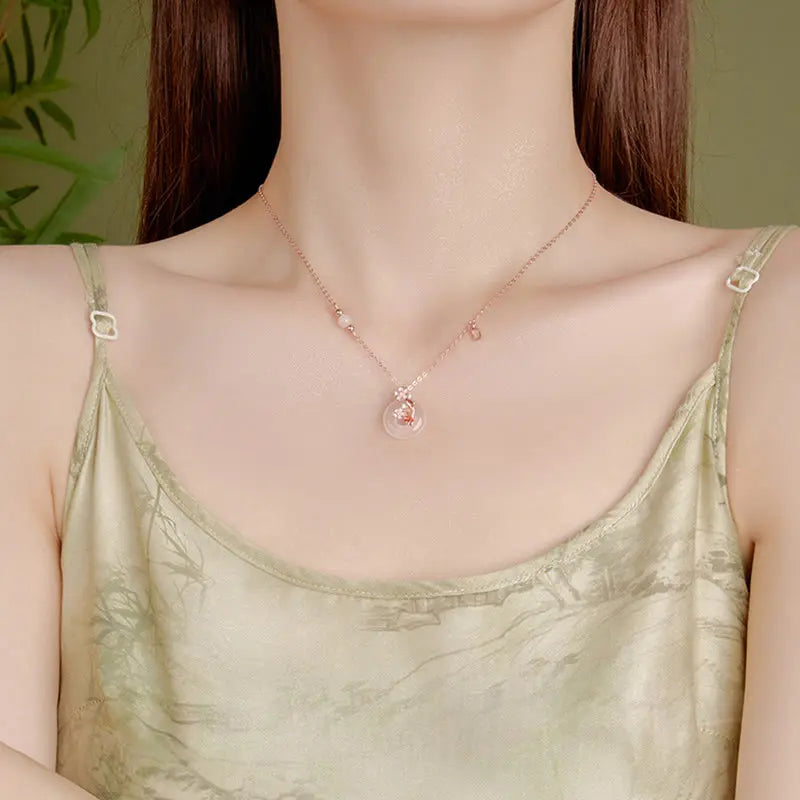 Buddha Stones Chalcedony Pink Crystal 925 Sterling Silver Flowers Koi Fish Peace Buckle Positive Necklace Pendant BS