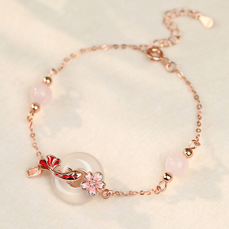 Buddha Stones Chalcedony Pink Crystal 925 Sterling Silver Flowers Koi Fish Peace Buckle Positive Bracelet BS