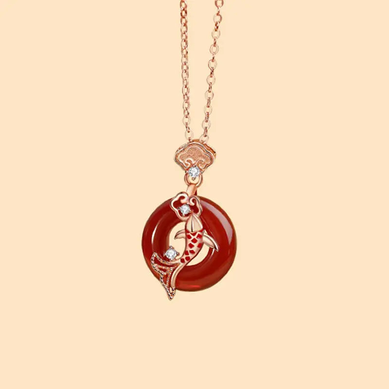 Buddha Stones Red Agate 925 Sterling Silver Ruyi Lock Koi Fish Peace Buckle Calm Necklace Pendant BS