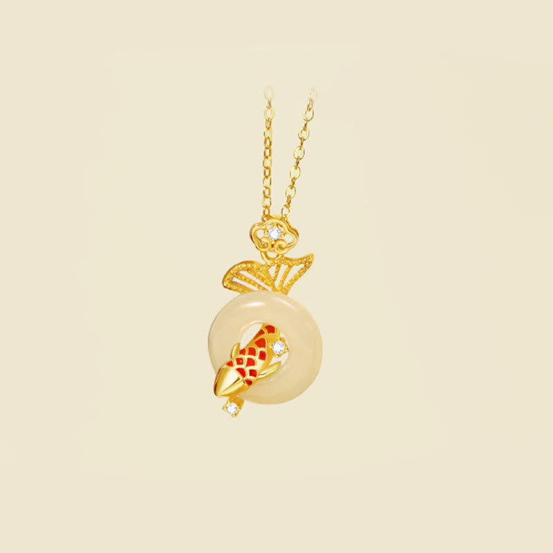 Buddha Stones Natural Hetian Jade 925 Sterling Silver Plated Gold Koi Fish Peace Buckle Luck Necklace Pendant BS