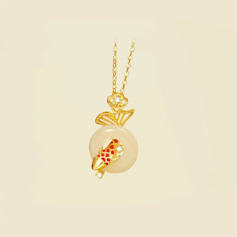 Buddha Stones Natural Hetian Jade 925 Sterling Silver Plated Gold Koi Fish Peace Buckle Luck Necklace Pendant BS