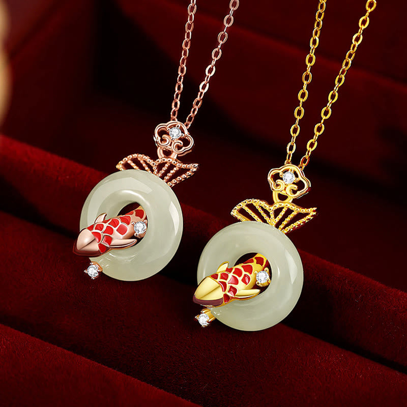 Buddha Stones Natural Hetian Jade 925 Sterling Silver Plated Gold Koi Fish Peace Buckle Luck Necklace Pendant BS