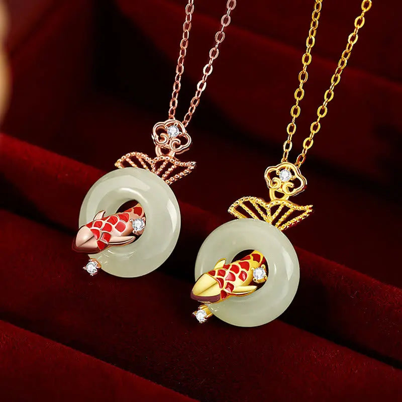 Buddha Stones Natural Hetian Jade 925 Sterling Silver Plated Gold Koi Fish Peace Buckle Luck Necklace Pendant BS