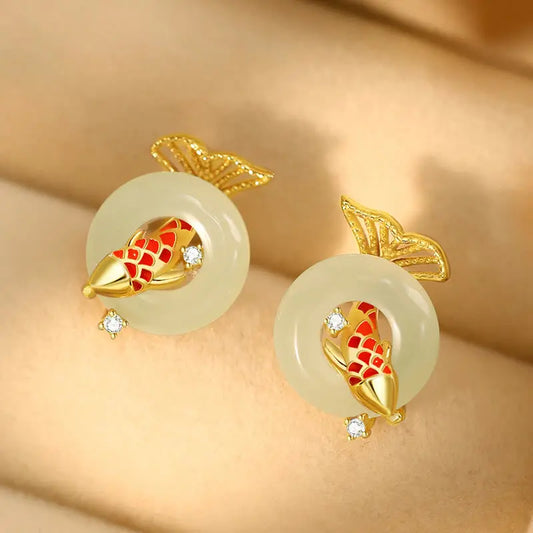 Buddha Stones Natural Hetian Jade 925 Sterling Silver Plated Gold Koi Fish Peace Buckle Luck Earrings BS