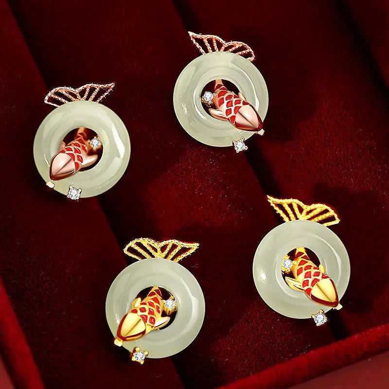 Buddha Stones Natural Hetian Jade 925 Sterling Silver Plated Gold Koi Fish Peace Buckle Luck Earrings BS