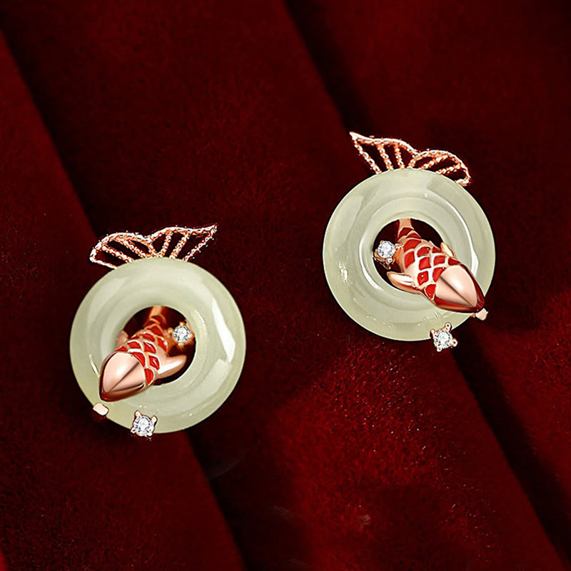 Buddha Stones Natural Hetian Jade 925 Sterling Silver Plated Gold Koi Fish Peace Buckle Luck Earrings BS