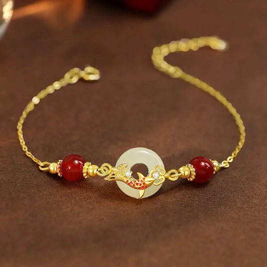 Buddha Stones Natural Hetian Jade 925 Sterling Silver Plated Gold Red Agate Beads Koi Fish Peace Buckle Luck Bracelet BS