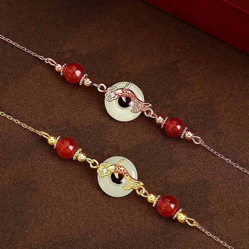 Buddha Stones Natural Hetian Jade 925 Sterling Silver Plated Gold Red Agate Beads Koi Fish Peace Buckle Luck Bracelet BS