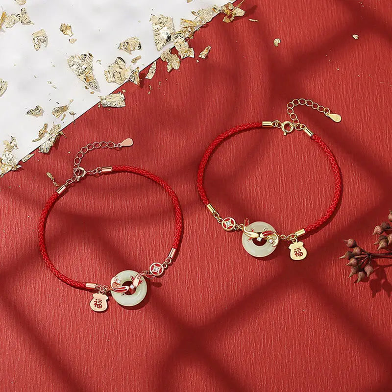 Buddha Stones Natural Hetian Jade Red String 925 Sterling Silver Plated Gold Koi Fish Lucky Bag Fu Character Peace Buckle Luck Bracelet BS