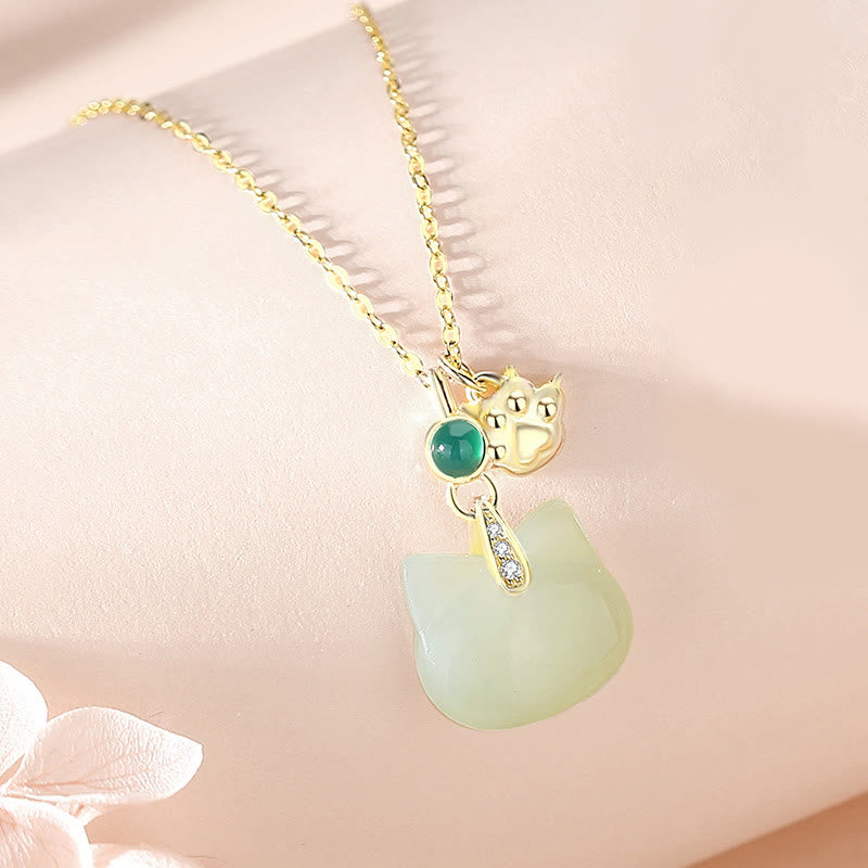 Buddha Stones Hetian Jade 925 Sterling Silver Plated Gold Cat Head Cat Paw Abundance Necklace Pendant BS