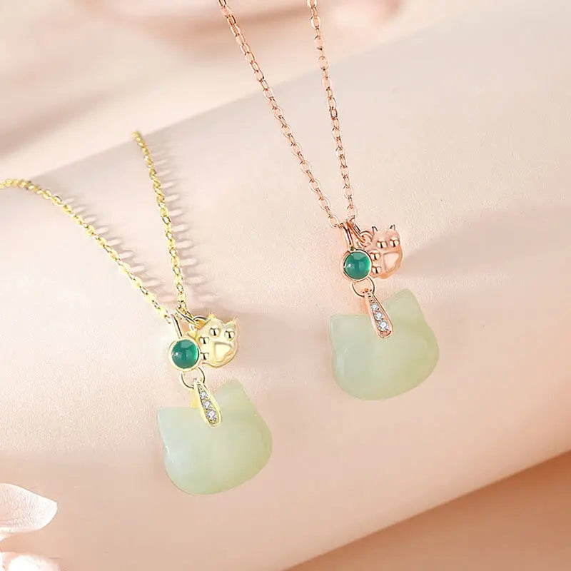 Buddha Stones Hetian Jade 925 Sterling Silver Plated Gold Cat Head Cat Paw Abundance Necklace Pendant BS