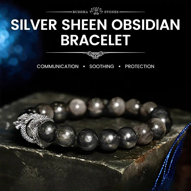 Buddha Stones Silver Sheen Obsidian Dragon Protection Bracelet BS