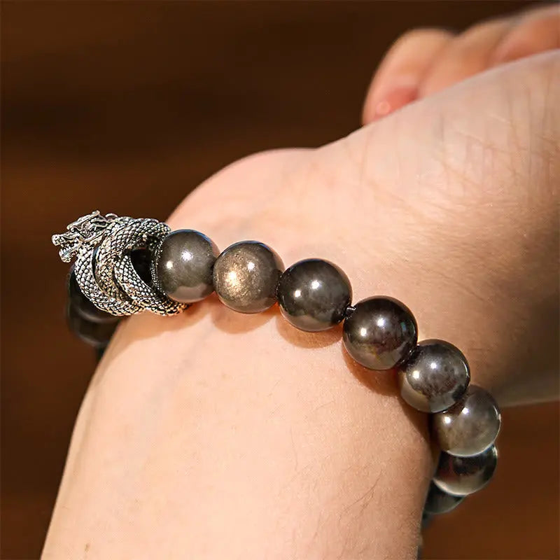 Buddha Stones Silver Sheen Obsidian Dragon Protection Bracelet BS