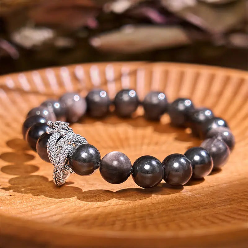 Buddha Stones Silver Sheen Obsidian Dragon Protection Bracelet BS